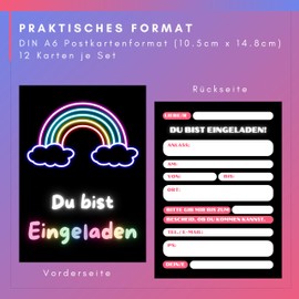 HIDEBLOOM Neon Rainbow Invitation Cards Children's Birthday Girl and Boy I Pack of 12 I DIN A6 (10.5 cm x 14.8 cm) I Children's Party I Birthday Invitations Children I Invitation Birthday Neon Stars