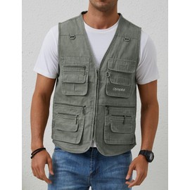 Gihuo Men's Fishing Vest Casual Utility Travel Safari Cargo Outdoor Work Photo Fly Vest Jacket with Multi Pockets (X-L, Army green)
