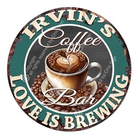 IRVIN’S Coffee Bar Love is brewing Rustic Shabby Vintage style Retro Kitchen Bar Pub Coffee Shop man cave Garage Decor Mother's Father's Vanentines day Gift Ideas