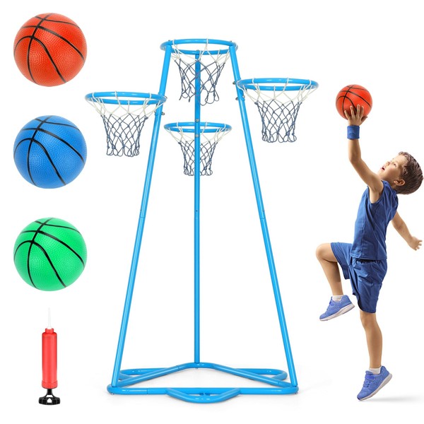 Raylinyee Kids Basketball Hoop Portable Basketball Stand Toys Basketball Indoor Outdoor, Portable Basketball with 4 Hoops at Varying Heights and 3 Balls Toy Set for Age 3 Years and Up(Pale Blue)