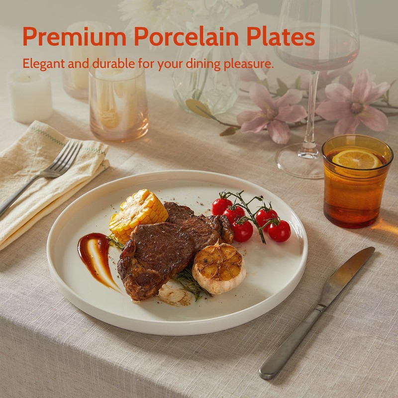 Sweese Porcelain Flat Dinner Plates Set of 6, 10.5 Inch