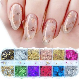12 Colors Gold Nail Art Sequins Gold Foil Holographic Foil Nail Flakes Stickers Nail Sequins Glitter Mermaid Design Nail Flakes Acrylic Nail Art for Women Girls DIY Nail Art Decoration