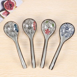 Oidnvay 4 Pieces Asian Retro Ceramic Rice Spoons Curved Handle Ramen Soup Spoon Asian Soup Spoon Painted Flower Spoons with Long Handle