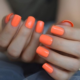 EchiQ Neon Fake Nails Short for Daily Wear Square Natural Shape Glossy Gel Nails Orange Pink Simple Tips with Adhesive