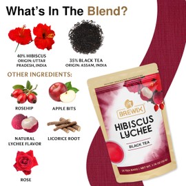 BREWIX, Hibiscus Lychee Tea Bags (25 Plant Based Tea Bags) Caffeine-Free, Made with Real - Hibiscus Flowers, Black Tea, Rosehip, Apple, Licorice, Rose | Contains Antioxidants & Support Overall Health