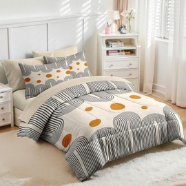 Nesker Comforter Set Queen Size, Boho Mid Century 7 Pcs Bedding for Kids and Adults, Minimalist Abstract Bed Sheet Sets with Fitted Sheet 2 Pillowcases & 2 Shams