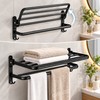 Foldable Wall Mount Towel Rack with Hooks – Black Steel