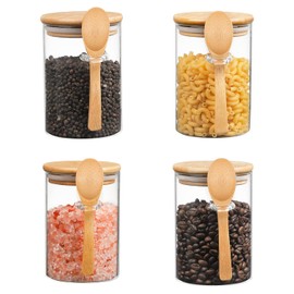 WHJY Set of 4 Glass Jar with Lid and Spoon, Airtight Glass Jars bamboo lids, overnight oats jars, Dog Treat Jar for Pet, Glass Candy Cookies Coffee Canister Jar Bath Salt Container - 20 oz 4 Pack