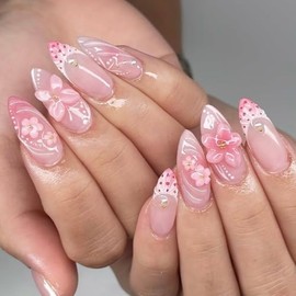 ONPRESS 24 uñas postizas acrílicas con diseño floral de perlas doradas en 3D, diseño de flores, color rosa y blanco, con punta francesa, para primaver