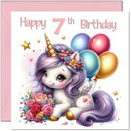 7th Birthday Card for Girls - Adorable Unicorn Balloons Cute Girls Unicorn Birthday Card for 7 Year old Kids seven, seventh
