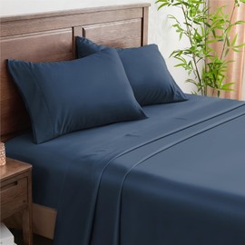 INFIIXSO Full Sheets Set Navy - 65% Polyester & 35% Rayon Made from Bamboo Silky Bed Sheets, Deep Pockets Fits up to 15", Breathable, Wrinkle Free and Soft Full Sheet & Pillowcase Sets