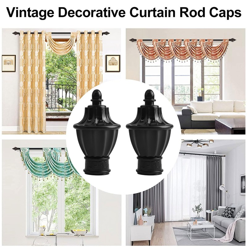 UFURMATE 6 Pcs Black Plastic Curtain Pole Finials Curtain Rod