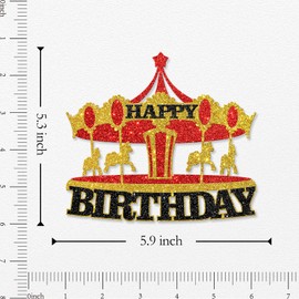 WeBenison Carousel Happy Birthday Cake Topper/Vintage Circus Tent Carnival Birthday Cake Decor/Children Birthday Amusement Park Theme Birthday Party Decorations Gold & Red