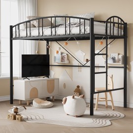 GarveeHome Loft Bed Twin Size, Heavy Duty Metal Loft Bed Frame with Arched Guardrail and Safety Ladder, Space-Saving, No Box Spring Needed, Modern Black