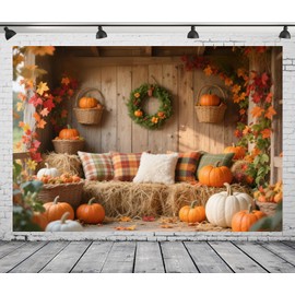 DePhoto 7x5FT Fall Thanksgiving Backdrop Rustic Wood Board Autumn Wreath Haystack Background Indoor Props for Baby Birthday Thanksgiving Decorations Vinyl