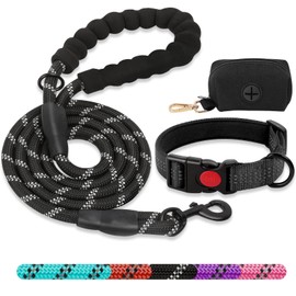 Dog Collar and Leash Set with Extra Poop Bag Holder,Nylon Dog Collar with Safety Locking Buckle,6 FT Strong Reflective Dog Leash with Soft Padded Handle for Small Medium Large Dogs（Black-L）