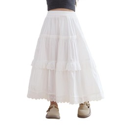 Girls A-Line Elastic High Waist Pleated Long Swing Maxi Skirt with Lace Trim 160, 11-12 Years,White
