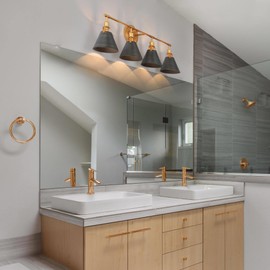 GEPOW Bathroom Light Fixtures, 4-Light Modern Farmhouse Vanity Lights for Bathroom, Rustic Vintage Brushed Gold and Brushed Aged Silver Bathroom Lights Over Mirror