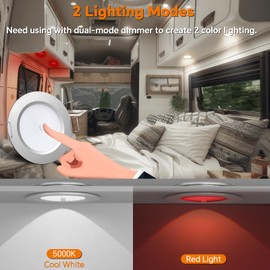 camperxlite 12V RV Bi-Color LED Puck Light, 3” 3W 5000K/Red Light, All Aluminum Recessed Mount Down Light Integral Switch for Motorhome Boat Interior Ceiling Under Cabinet Lighting, 4 Pack (Silver)