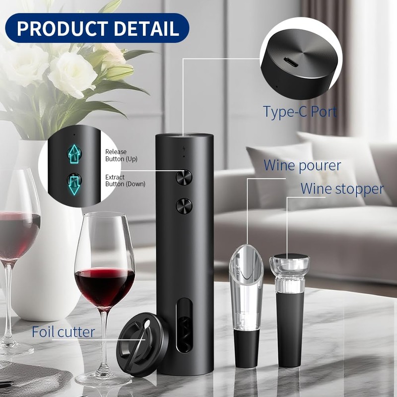 Electric Wine Opener, Rechargeable Automatic Wine Bottle Opener with Aerator