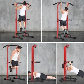 Dland Power Tower Pull Up Bar Dip Station and Height Adjustable Dip Bar Stand, Multi-Function Home Gym Exercise Equipment Strength Training Fitness Workout Station, Rot