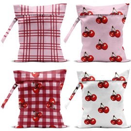 4 Pack Cute Cherry Checkered Wet Bag Waterproof Washable Reusable Wet Dry Bag for Swimsuit Pump Parts Dirty Clothes Bathing Cloth Diaper Travel Beach Pool Yoga Gym Toiletries Travel Beach Essentials