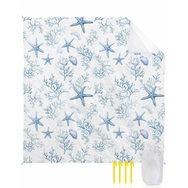Gsypo Summer Beach Blanket Waterproof Sandproof 108"x84", Ocean Starfish Coral Oversized Beach Mat with 4 Corner Sand Pocket & 4 Stakes, Compact Outdoor Picnic Mat for Camping Travel Festivals