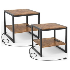 Homieasy End Table with Charging Station, 20 Inch Square Side Table with USB Ports & Power Outlets, Industrial Nightstand with Storage Shelf, Mini Fridge Stand for Small Spaces, Rustic Brown -2 Pack