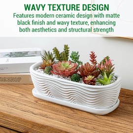 MyGift 13.5 inch Succulent Planter Pot, Oval Modern Ceramic Plant Box Container with Wave Textured Pattern and Removable Saucer Drip Tray (White)