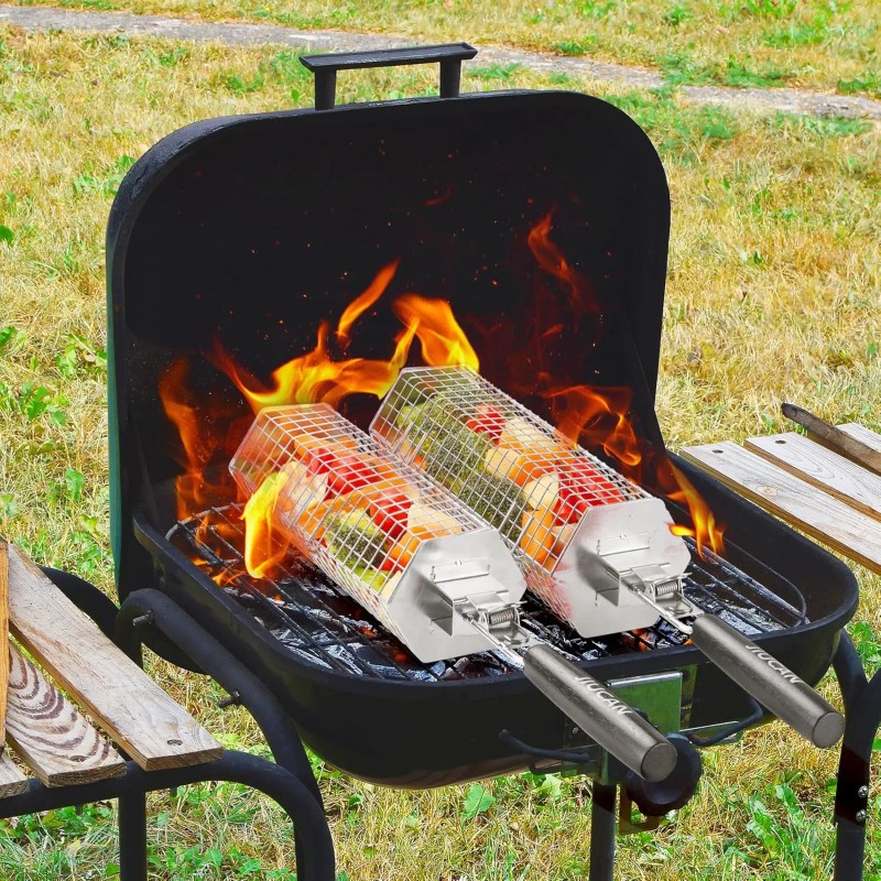 2-Piece Stainless Steel Grill Baskets Set with Removable Wooden Handles