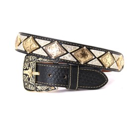 West Star Texas Genuine Leather Belt with Longhorn Buckle Gold and Silver -806F Star BK XL Weave