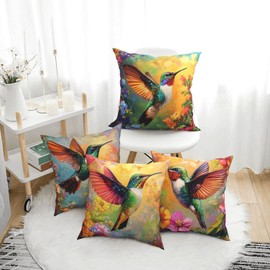 Bshuey Pillow Covers 18x18 Inch Set of 4 Floral Hummingbird Oil Painting Throw Pillow Covers Farmhouse Cushion Case Decor for Sofa Couch