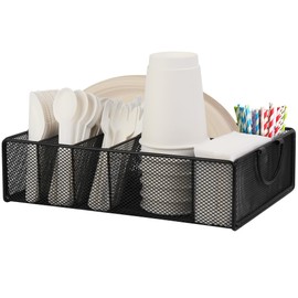 Paper Plate and Utensil Holder Caddy, Metal Silverware Utensil Caddy for Party, Camping, Picnic with 6 Compartments & Handle, Outdoor Cutlery Holder for Cup, Napkin, Paper Plates, Plastic Silverware