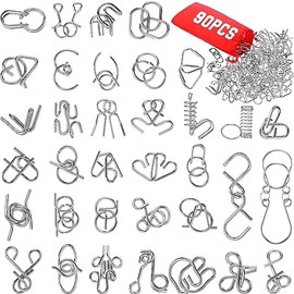 Yilloog Set of 90 Metal Brain Teaser Puzzles with Pouch, Steel Puzzle Games Physics Mind Metal Wire Puzzles for Adults Basket Stocking Stuffers for Teen Boys Girls Kids Desk Trinkets Challenge Gift