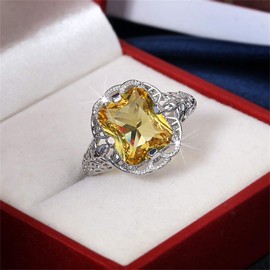925 Sterling Silver Shining Citrine Ring Square Perfect Cut 3Ct Cubic Zirconia Promise Rings CZ Yellow Gemstone Solitaire Ring Eternity Engagement Wedding Band Ring Sets for Women TZ.74 (US Code 8)