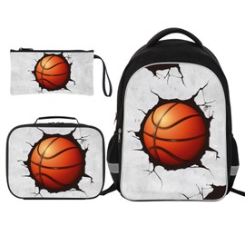 American Football Soccer Basketball Boys Backpack with Lunch Box and Pencil Case for Kids Children Teens Elementary Middle School,3-In-1 Sports Backpack Set for Ages 6-18,Travel Backpack-Basketball