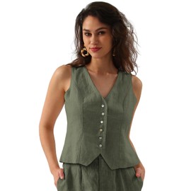 Amazhiyu 100% Linen Waistcoat Womens UK, Summer V Neck Button Down Sleeveless Crop Top with Adjustable Strap Green