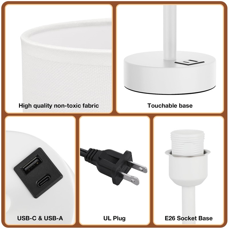 White Touch Bedside Lamp for Bedroom - 3 Way Dimmable