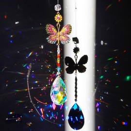 Hanging Butterfly Shaped Suncatcher Crystals, Glass Teardrop Prism Rhinestones Sun Catchers, Rainbow Maker Pendant Indoor Window Home Car Decor Gift