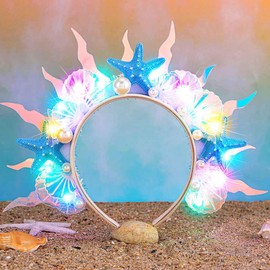 GORTIN Light up Mermaid Headband Starfish Headpiece Glow Seashell Hair Accessories for Women and Girls (Blue-Colorful light, Free size)