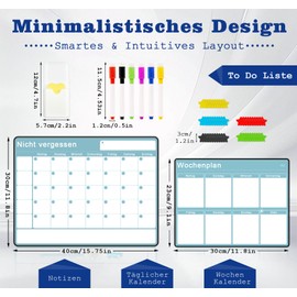 Agoer 2 Stk Magnetischer Wochenplaner,A3 Kühlschrank Set,Whiteboard Wochenplaner+Monatsplaner+Menüplaner Abwischbar as Famiien Haushaltsplaner,Essenplaner,Putzplaner oder To Do Liste auf Deutsch