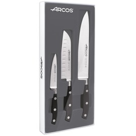 Arcos Forged Knife 3 pieces Nitrum Stainless Steel. Ergonomic Polyoxymethylene POM Handle. Series Riviera. Thin blade with a smooth edge. Black Color.