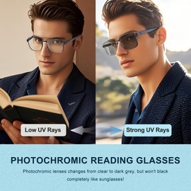 SKYWAY Self-tinting glasses, men's retro aviator square photochromic blue light filter glasses, computer glasses, anti-glare metal frame, UV400 protection (gunmetal)