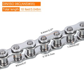 uxcell #35/ DIN/ISO 06C Roller Chain 10 Feet 3/8" Pitch Stainless Steel Roller Chains with 1 Free Master Connector Links for Go-karts, Bicycles, 320 Links