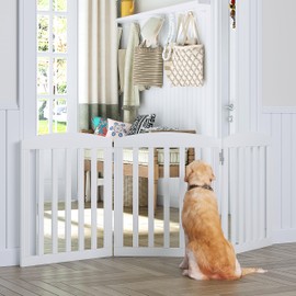 SPIRICH Dog Gate Indoor, Dog Gates for Doorways, Stairs, The House, Wooden Freestanding Foldable Pet Gate, Extra Wide Step Over Puppy Gate, 3 Panels, White