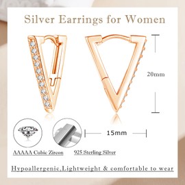 Cangall Silver Hoop Earrings for Women, 925 Sterling Silver Triangle Hoop Earrings, Hypoallergenic Earrings Rose Gold, Minimalist Fashion Dainty CZ Triangle - Shape Silver Geometric Huggie Earrings