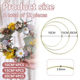 ChAusa 12 Pieces Anillos de ARO Floral 10/15/20 cm Anillos de Metal, Manualidades Aros de Madera para Manualidades, Aros de Metal para Hacer Corona para Atrapasueños, Decoración de Boda DIY (ORO)
