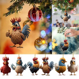 6 Pcs Christmas Chicken Ornaments Funny Chicken Xmas Tree Decorations Acrylic Hanging Chicken Decor with Hanging Rope Rooster Christmas Tree Pendants for Christmas Tree Hanging Decorations