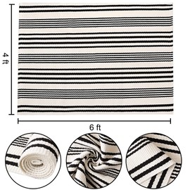 BUAGETUP Black and White Striped Outdoor Patio Rug 4' x 6',Hand Woven Cotton Patio Rug Front Porch Rug Indoor Outdoor Area Rug for Bedroom/Living/Room/Patio