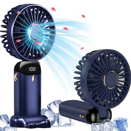 jiangler Portable Handheld Fan with Base and Lanyard USB Rechargeable Folding Small Fan 5 Speed Settings with LED Power Display Compact Cooling Fan for Office Bedroom Outdoor Travel Camping Hiking Perfect Birthday Christmas Holiday Gift - Colour: Dark bl